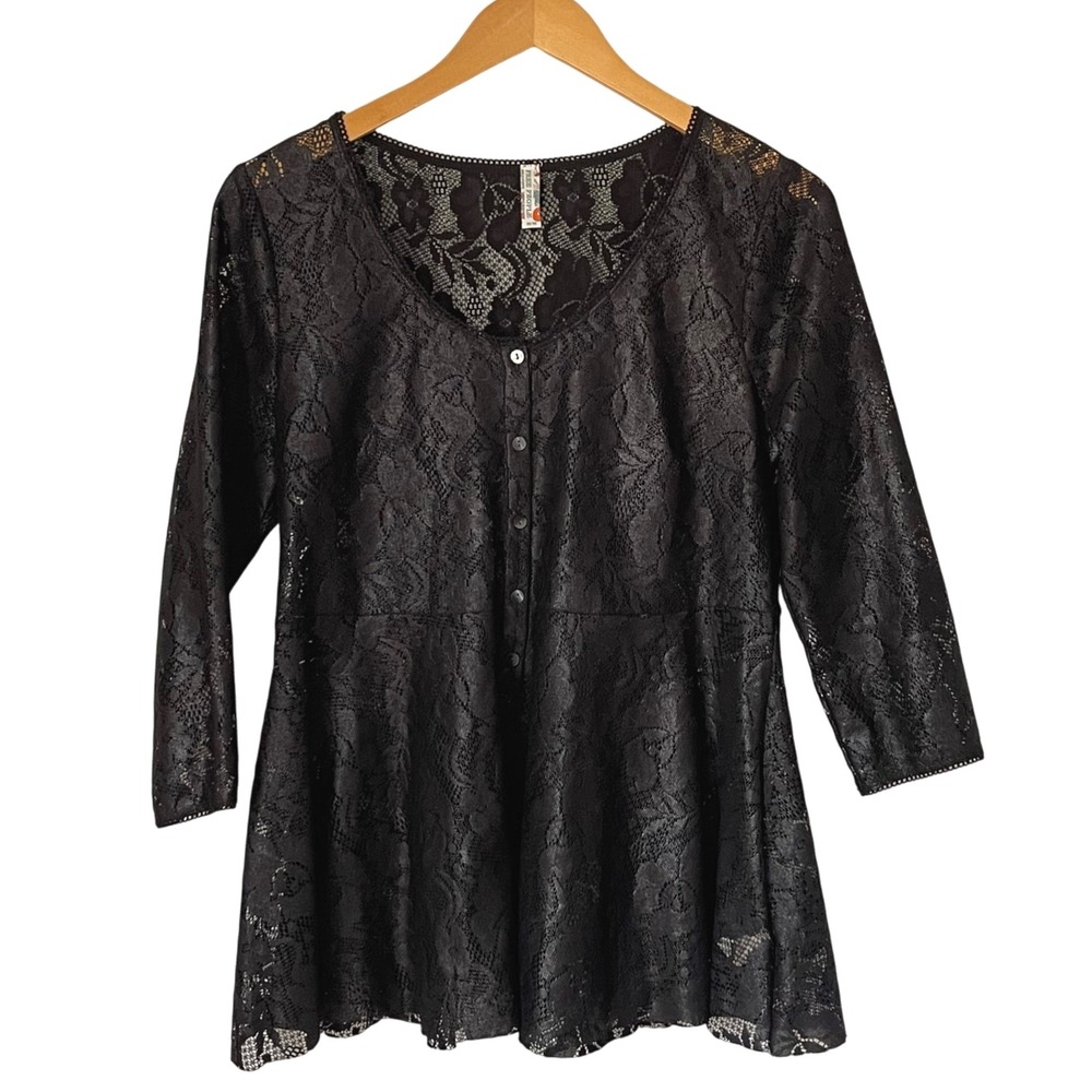 Free People Black Lace Peplum Tunic‎ Top 3/4 Sleeve Button Front Sheer Boho M